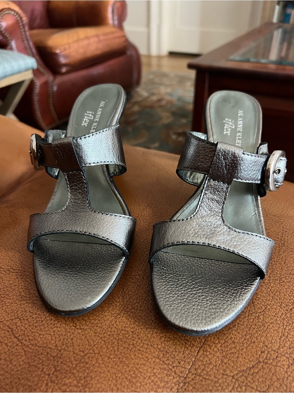 AK Anne Klein I-Flex Pewter Heels Sandals with adjustable buckle size 7.5